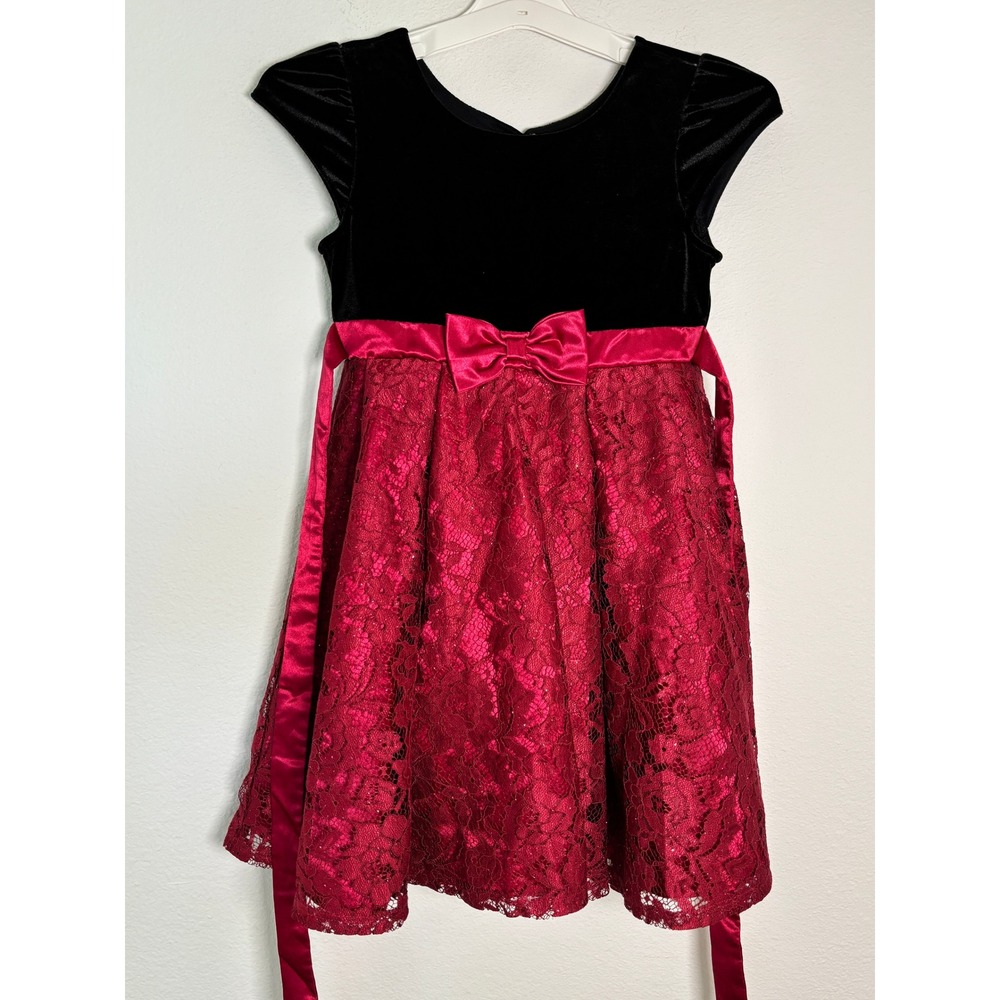 Jona Michelle Girls Red Lace Black Velvet Holiday Christmas Dress Size 7 CO6007